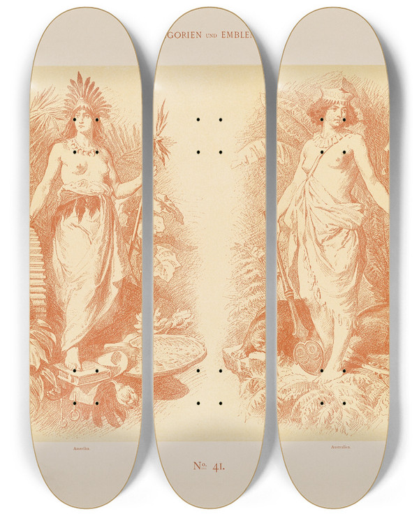 Triptych art skateboard deck of Albert Ilg Allegorien Und Embleme Vol I Pl044 by Albert Ilg (1847-1896)
