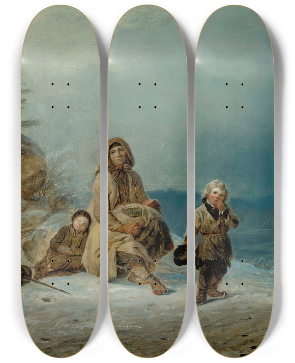 Triptych art skateboard deck of Robert Wilhelm Ekman Beggar Family On The Road by Robert Wilhelm Ekman (1808-1873)
