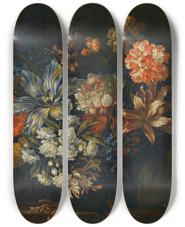 Triptych art skateboard deck of Jeanbaptiste Monnoyer A Still Life Of Lillies Honeysuckle And Other Flowers In A Vase On A Ledge by Jean-Baptiste Monnoyer (1636-1699)
