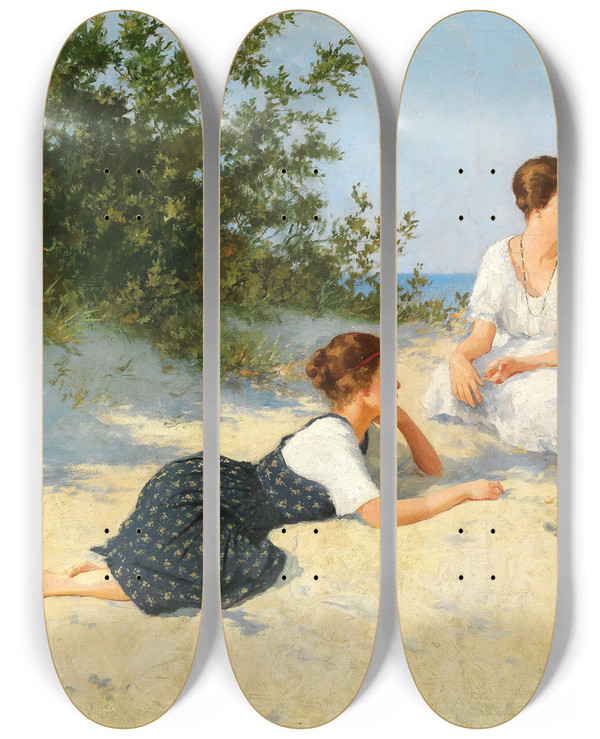 Triptych art skateboard deck of Hermann Seeger In The Dunes On The Baltic Sea Shore by Hermann Seeger (1857-1945)