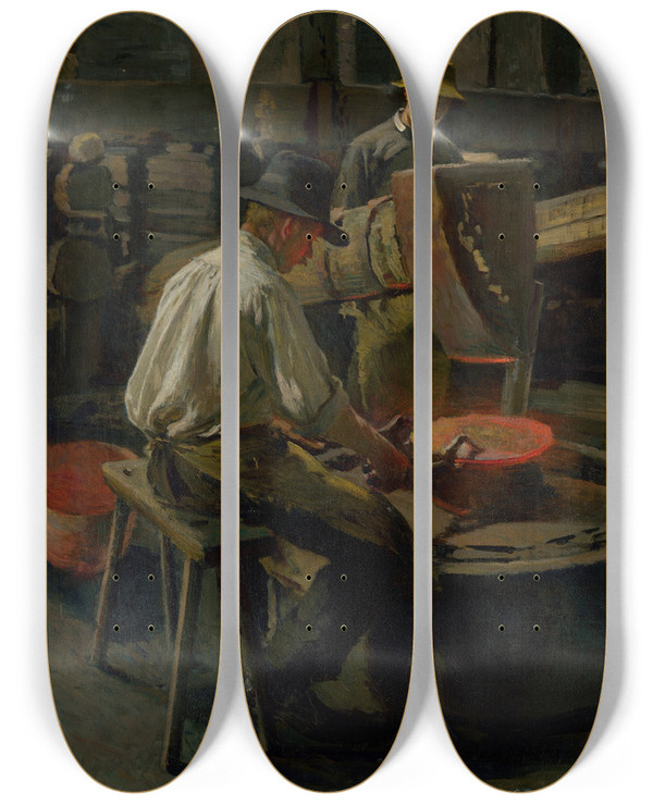 Triptych art skateboard deck of Dominik Skuteck Vykvanie Kotlov by Dominik Skutecky (1849-1921)