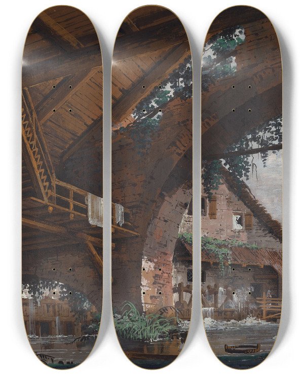 Triptych art skateboard deck of Caspar Wolf Architectural Fantasy Of Antique Ruins With A Watermill by Caspar Wolf (1735-1783)