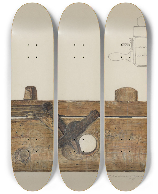 Triptych art skateboard deck of Clarence Secor Thread Cutting Plane by Clarence Secor