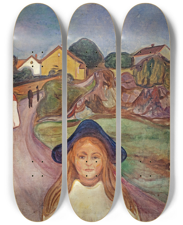 Triptych art skateboard deck of Edvard Munch Road In Aasgaardstrand by Edvard Munch (1863-1944)