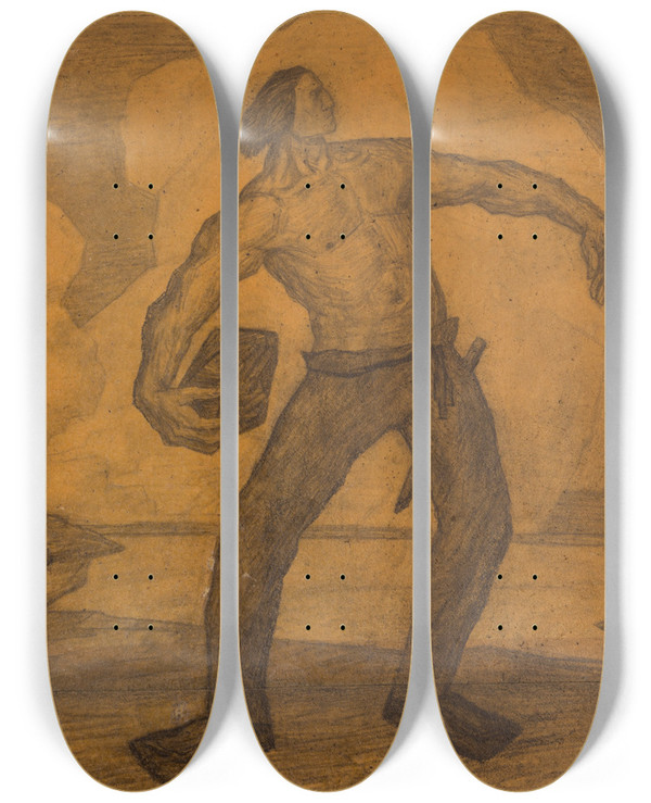 Triptych art skateboard deck of Kristjan Raud Kalevipoeg Kivi Viskamas by Kristjan Raud (1865-1943)