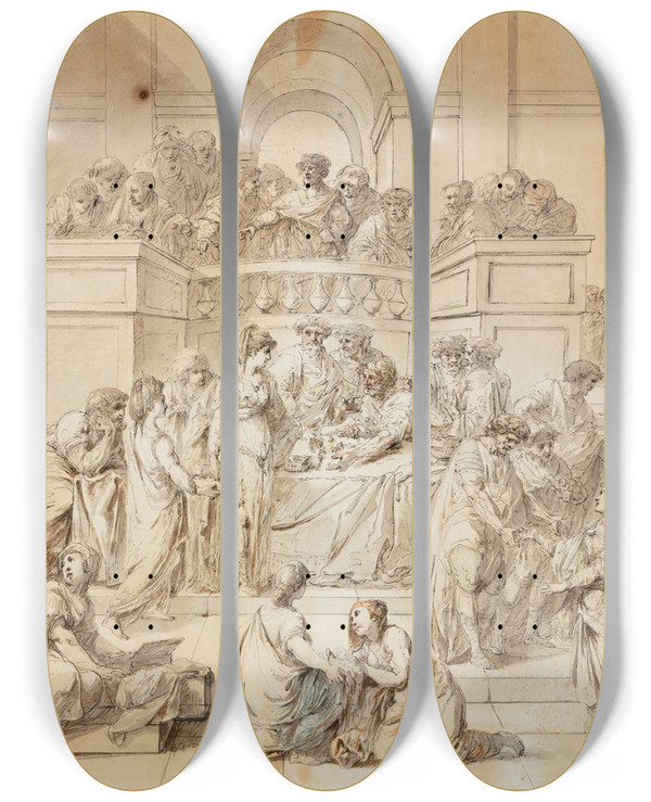 Triptych art skateboard deck of Jacques Gamelin Thegenerosityofroman Women by Jacques Gamelin (1738-1803)