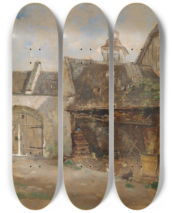 Triptych art skateboard deck of Paul Unbereit Innenhof In Der Wachau by Paul Unbereit (1884-1937)