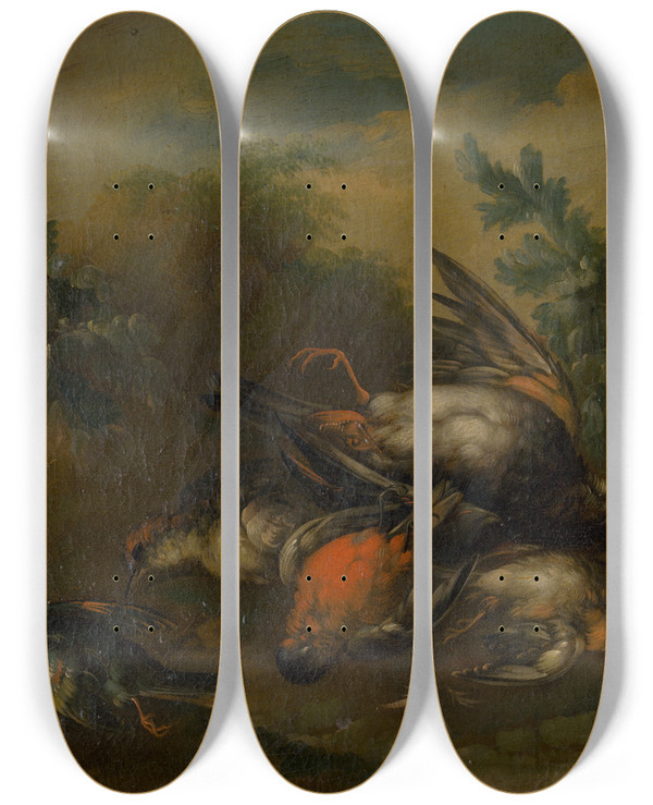 Triptych art skateboard deck of Philipp Ferdinand De Hamilton Still Life With Dead Birds_1 by Philipp Ferdinand De Hamilton (1664-1750)