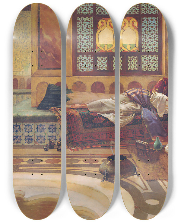 Triptych art skateboard deck of Rudolf Ernst The Manicure by Rudolf Ernst (1854-1932)