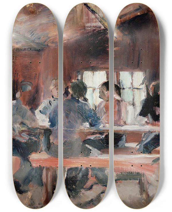 Triptych art skateboard deck of Harriet Backer Study For Card Players by Harriet Backer (1845-1932)
