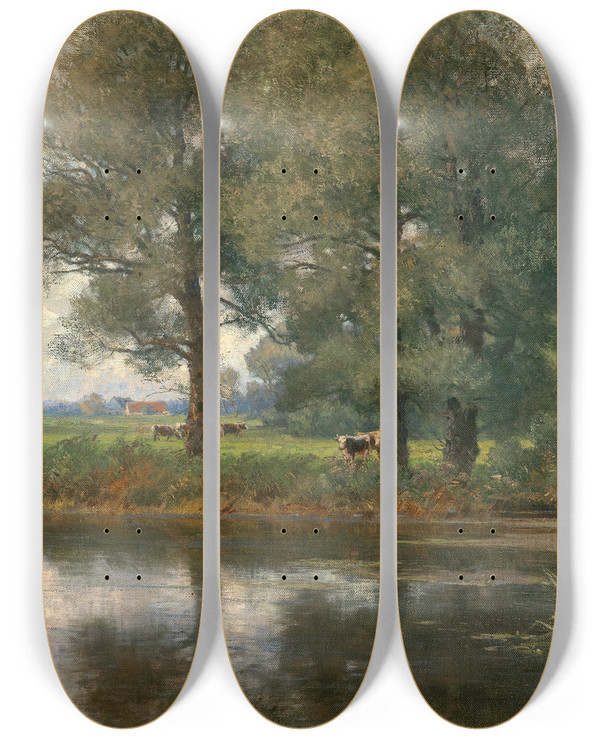 Triptych art skateboard deck of Hugo Darnaut On The Banks Of The Amper River by Hugo Darnaut (1850-1937)