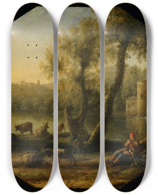 Triptych art skateboard deck of Claude Lorrain Pastoral Landscape_2 by Claude Lorrain (1604-1682)