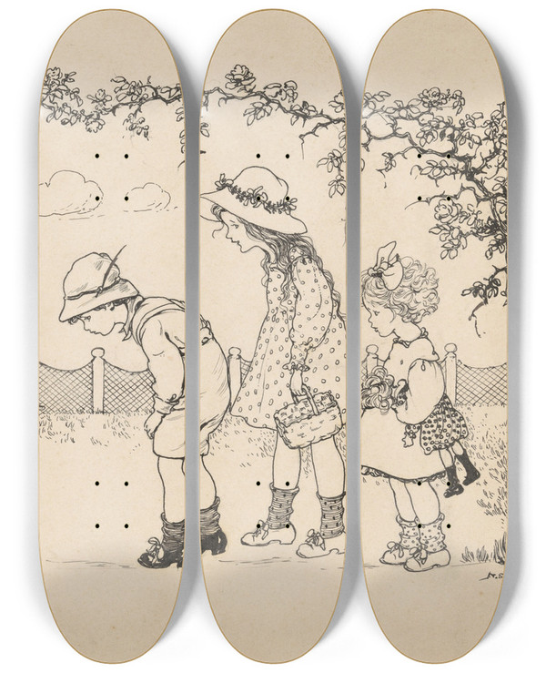 Triptych art skateboard deck of Nelly Spoor Drie Kinderen In Een Kippenhok by Nelly Spoor (1885-1950)
