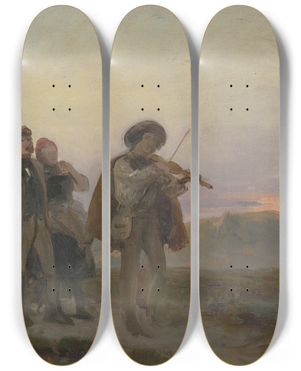 Triptych art skateboard deck of Jakob Becker Abendlicher Spaziergang Geiger Und Bauernpaar Auf Den Feldern_1 by Jakob Becker (1810-1872)