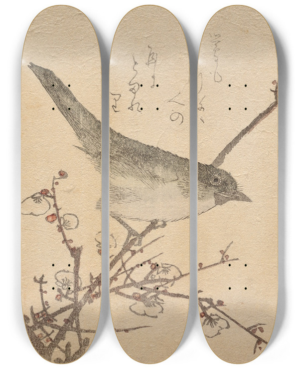 Triptych art skateboard deck of Kubo Shunman Warbler On Plumbranch by Kubo Shunman (1757-1820)