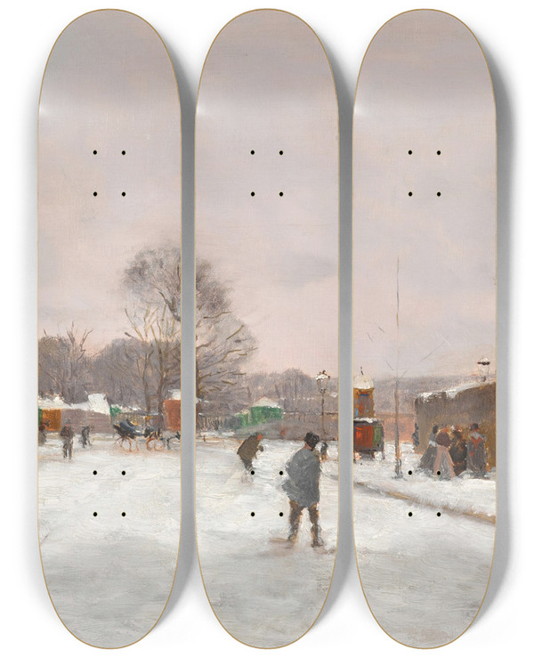 Triptych art skateboard deck of Luigi Loir La Premire Neige Dhiver by Loir Luigi (1845-1916)