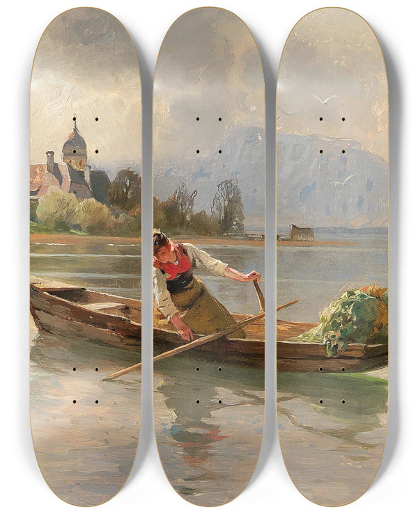 Triptych art skateboard deck of Karl Raupp Chiemsee Landscape by Karl Raupp (1837-1918)