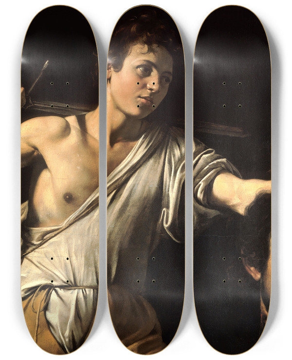 Triptych art skateboard deck of Caravaggio David With The Head Of Goliath by Caravaggio (1571-1610)