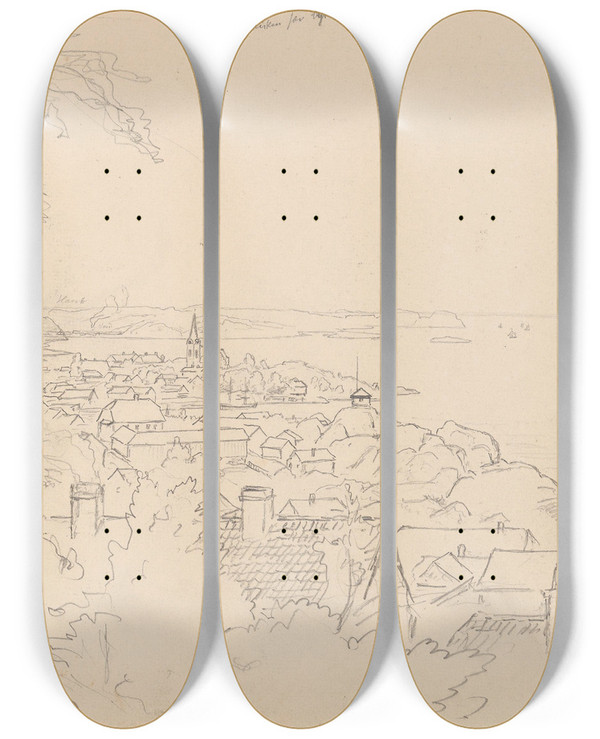 Triptych art skateboard deck of Hans Gude Utsikt Over Larvik_1 by Hans Gude (1825-1903)
