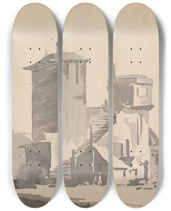 Triptych art skateboard deck of Sawrey Gilpin An Abbey by Sawrey Gilpin (1733-1807)