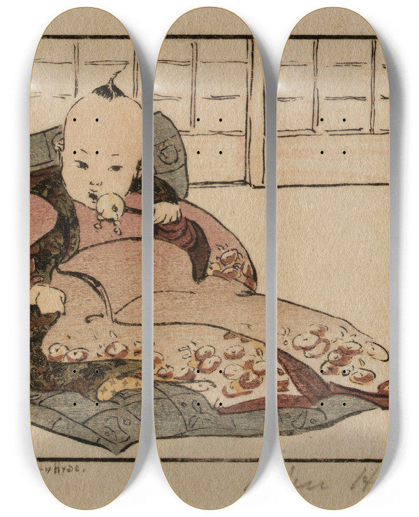 Triptych art skateboard deck of Helen Hyde The Hired Baby by Helen Hyde (1868-1919)