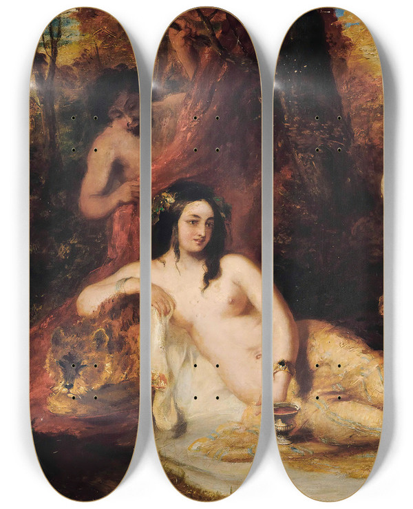Triptych art skateboard deck of William Etty Satyr Spying On A Reclining Nymph by William Etty (1787-1849)
