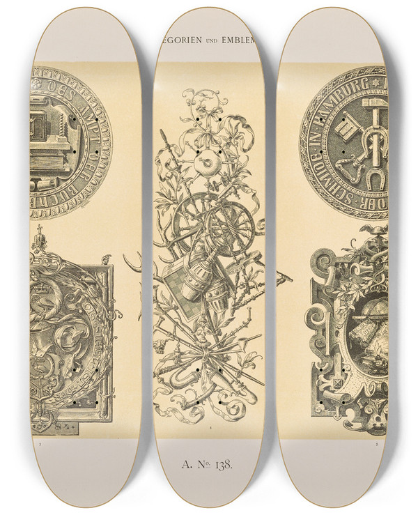 Triptych art skateboard deck of Albert Ilg Allegorien Und Embleme Vol Ii Pl149 by Albert Ilg (1847-1896)