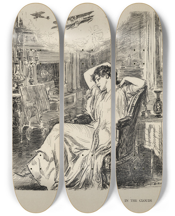 Triptych art skateboard deck of Charles Dana Gibson In The Clouds by Charles Dana Gibson (1867-1944)