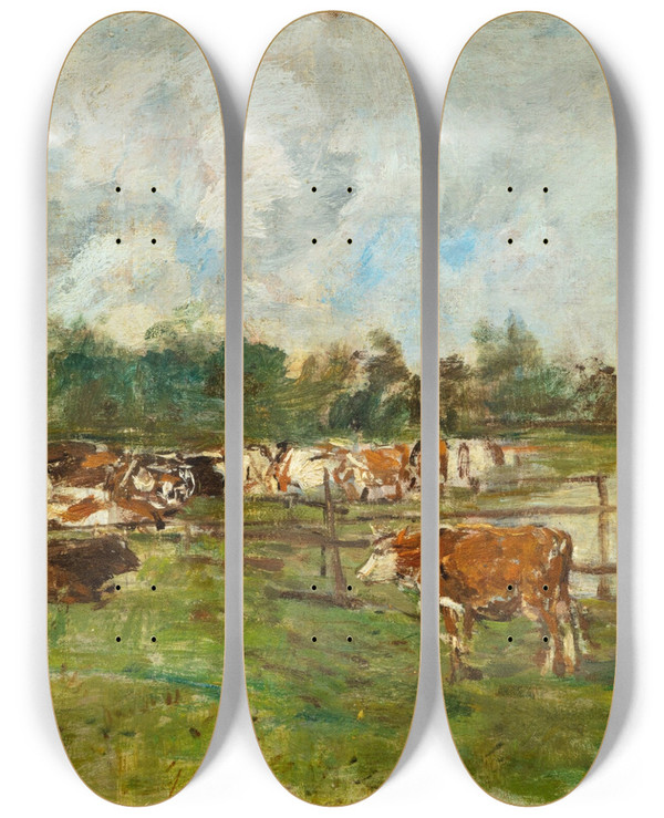 Triptych art skateboard deck of Eugne Boudin Vaches Au Pr by Eugene Boudin (1824-1898)