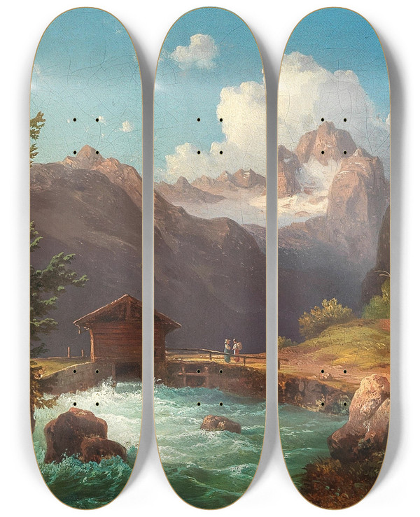 Triptych art skateboard deck of Edmund Mahlknecht A View Of The Dachstein Massif by Edmund Mahlknecht (1820-1903)