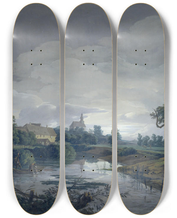 Triptych art skateboard deck of Anton Radl Die Mhle Bei Eschersheim Im Mondschein by Anton Radl (1774-1852)