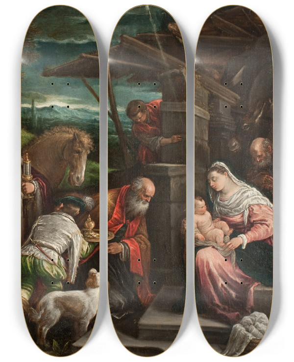 Triptych art skateboard deck of Jacopo Bassano Adoration Of The Magi by Jacopo Bassano (1510-1592)