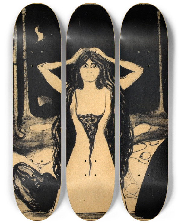 Triptych art skateboard deck of Edvard Munch Thunder Ashes Ii by Edvard Munch (1863-1944)