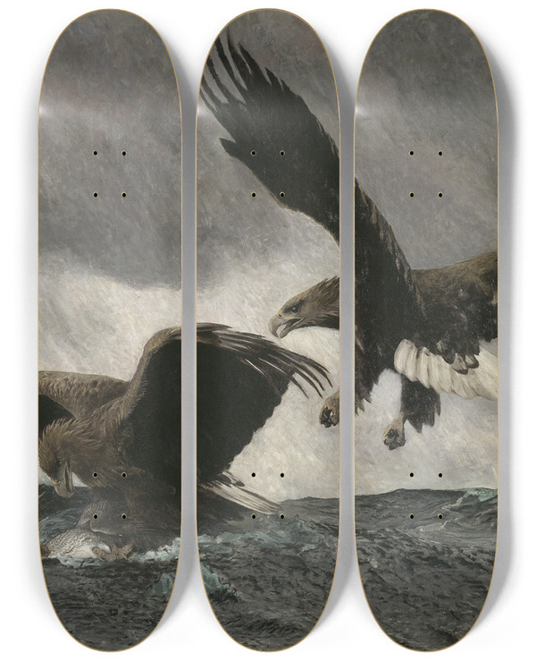 Triptych art skateboard deck of Bruno Liljefors Sea Eagles by Bruno Liljefors (1860-1939)