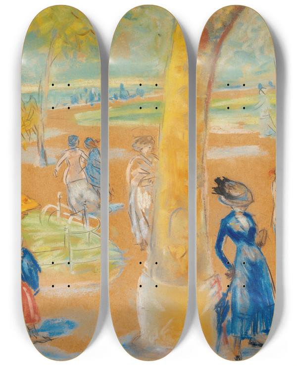 Triptych art skateboard deck of William James Glackens Woman With Umbrella Washington Square by William James Glackens (1870-1938)
