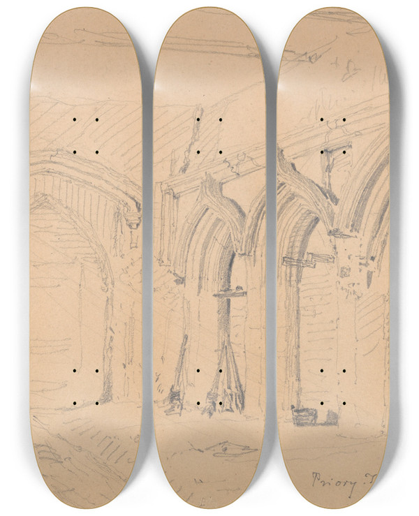 Triptych art skateboard deck of John Sell Cotman Interior Of The Ruins Of Yarmouth Priory by John Sell Cotman (1782-1842)