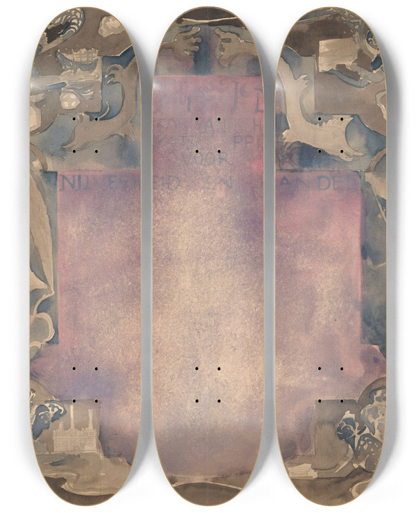 Triptych art skateboard deck of Carel Adolph Lion Cachet Ontwerp Voor Een Oorkonde Van De Nederlandsche Maatschappij Voor Nijverheid En Handel by Carel Adolph Lion Cachet (1864-1945)