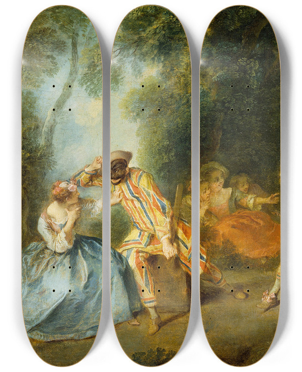 Triptych art skateboard deck of Nicolas Lancret An Italian Comedy Scene by Nicolas Lancret (1690-1743)