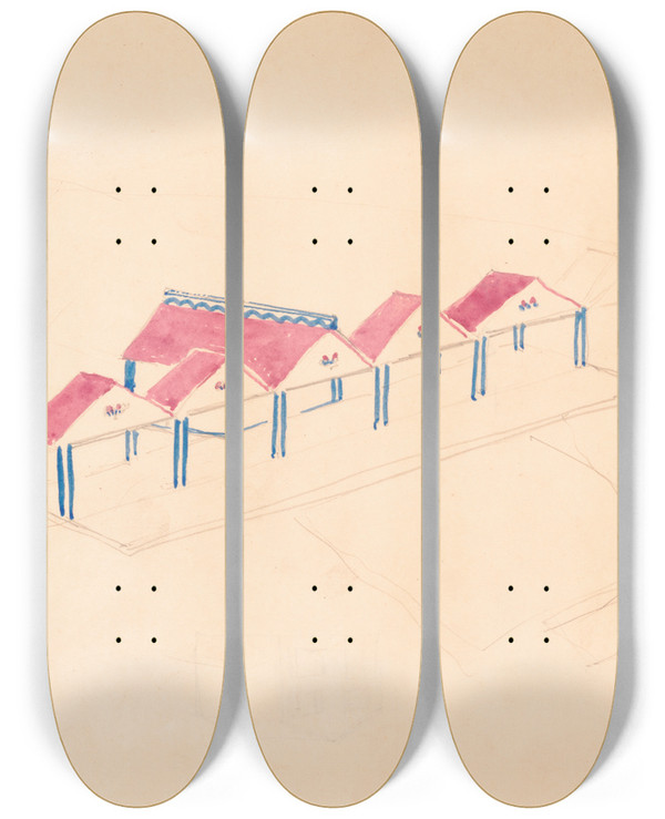 Triptych art skateboard deck of Winold Reiss Designs For Roadhouse Or Terrace Restaurant Perspective Elevation Showing Terrace by Winold Reiss (1886-1953)