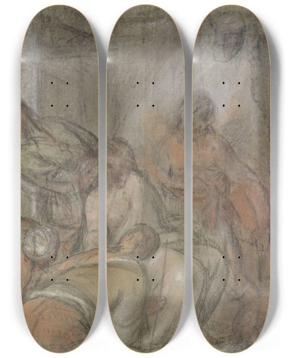 Triptych art skateboard deck of Jacopo Bassano The Mocking Of Christ_1 by Jacopo Bassano (1510-1592)
