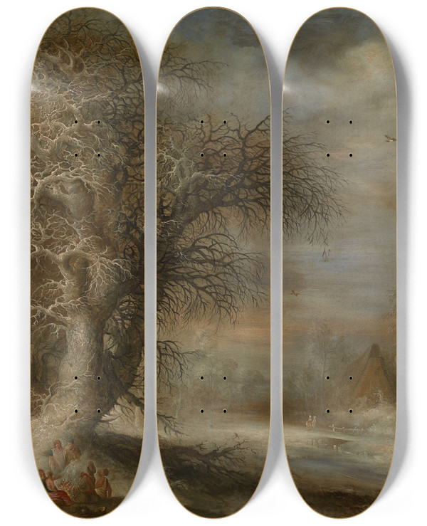 Triptych art skateboard deck of Gijsbrecht Leytens Snow Landscape With Gypsies by Gijsbrecht Leytens (1586-1657)