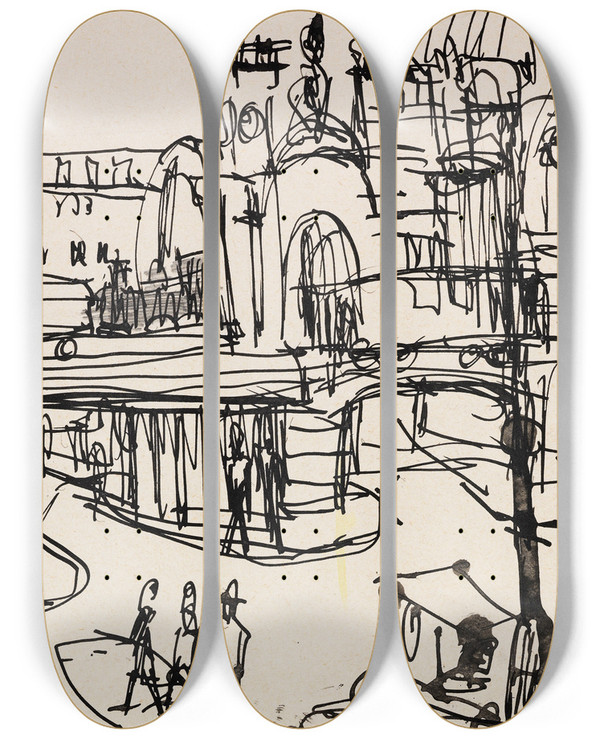 Triptych art skateboard deck of Ernst Ludwig Kirchner Hauptbahnhof In Dresden by Ernst Ludwig Kirchner (1880-1938)