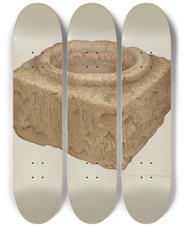 Triptych art skateboard deck of Rose Campbellgerke Sandstone Holy Water Font by Rose Campbell Gerke (1882)