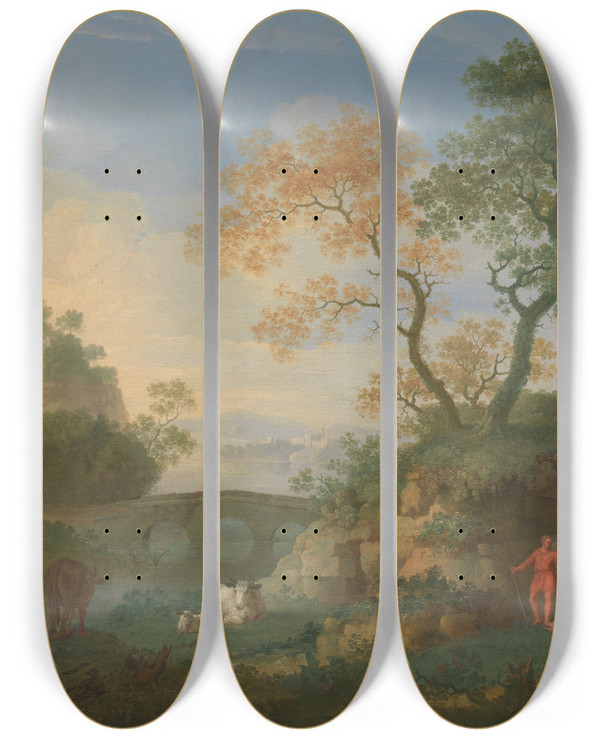 Triptych art skateboard deck of William Smith A Landscape With Distant Classical Ruins A Bridge Figures And Cattle by William Smith (1750-1850)