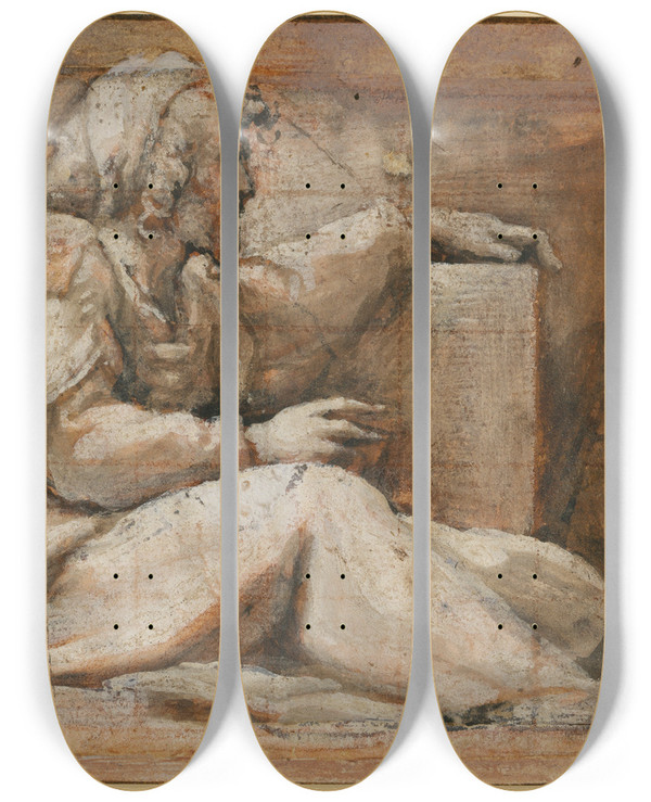 Triptych art skateboard deck of Correggio Seated Prophet With Book Facing Right by Correggio (1489-1534)
