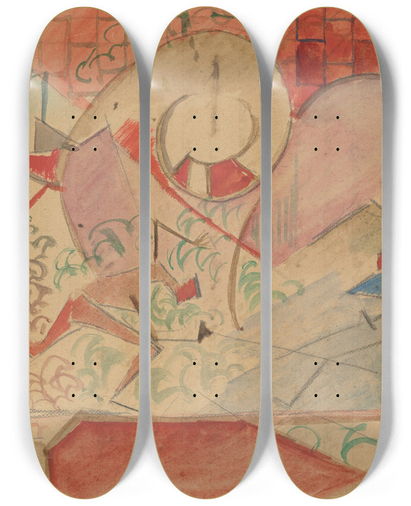 Triptych art skateboard deck of Leon Chwistek Sketch For Fencing Duel by Leon Chwistek (1884-1944)