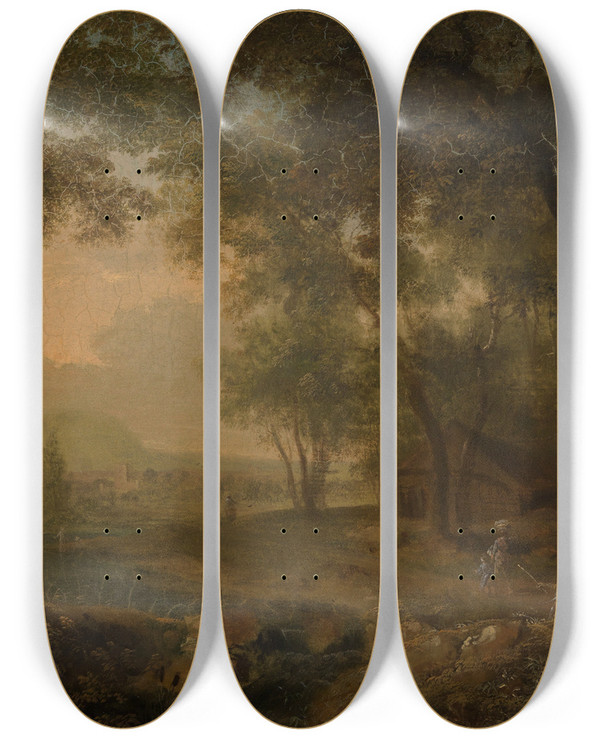 Triptych art skateboard deck of Philipp Hieronymus Brinckmann Blick Aus Dem Wald In Eine Abendliche Landschaft by Philipp Hieronymus Brinckmann (1709-1761)