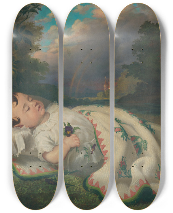 Triptych art skateboard deck of Frantiek Klimkovi A Child In The Country by Frantisek Klimkovic (1826-1890)