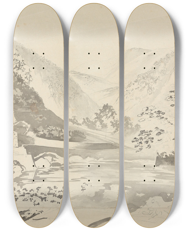 Triptych art skateboard deck of Samuel Davis A River Scene With Mountains In The Background by Samuel Davis (1757-1819)