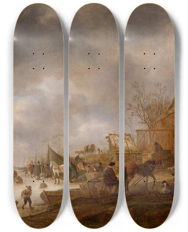 Triptych art skateboard deck of Isaac Van Ostade Winter Landscape by Isaac Van Ostade (1621-1649)